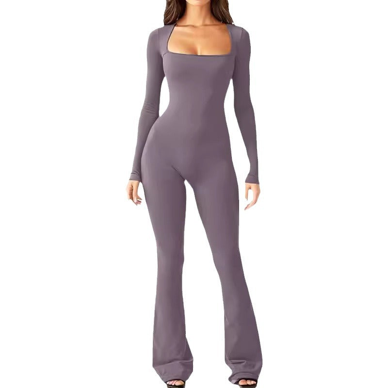 Damen nan figurbetonter Langarm-Jumpsuit mit quadratischem Ausschnitt und ausgestellter Schlaghose