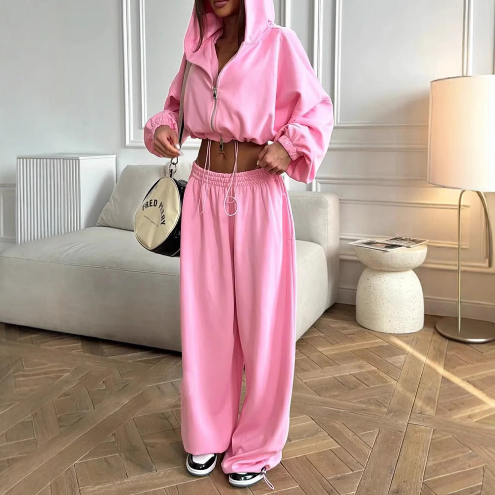 Damen nan kurzes Reißverschluss-Cropped-Hoodie und weitgeschnittene Highwaist-Loungehose Set