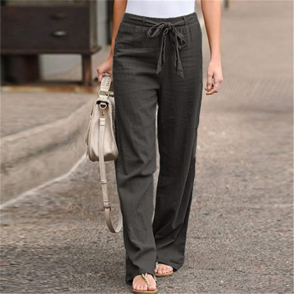 Damen nan weite Leinenhose mit Tunnelzugbund, geradem Bein und Eingrifftaschen
