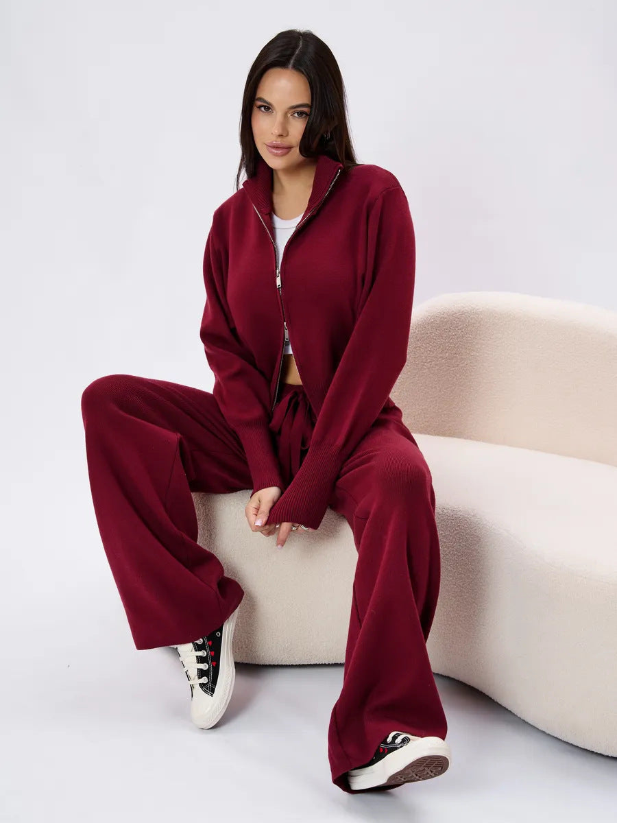 Damen nan gestricktes Loungewear-Zweiteiler mit kurzem Reißverschluss-Cardigan und weitem Highwaist-Hosenbein