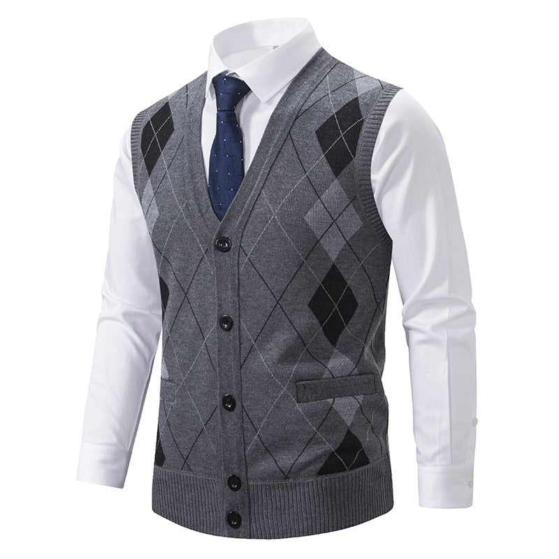 Herren nan ärmellose Strickweste mit Argyle-Muster, Teddyfutter und durchgehender Knopfleiste