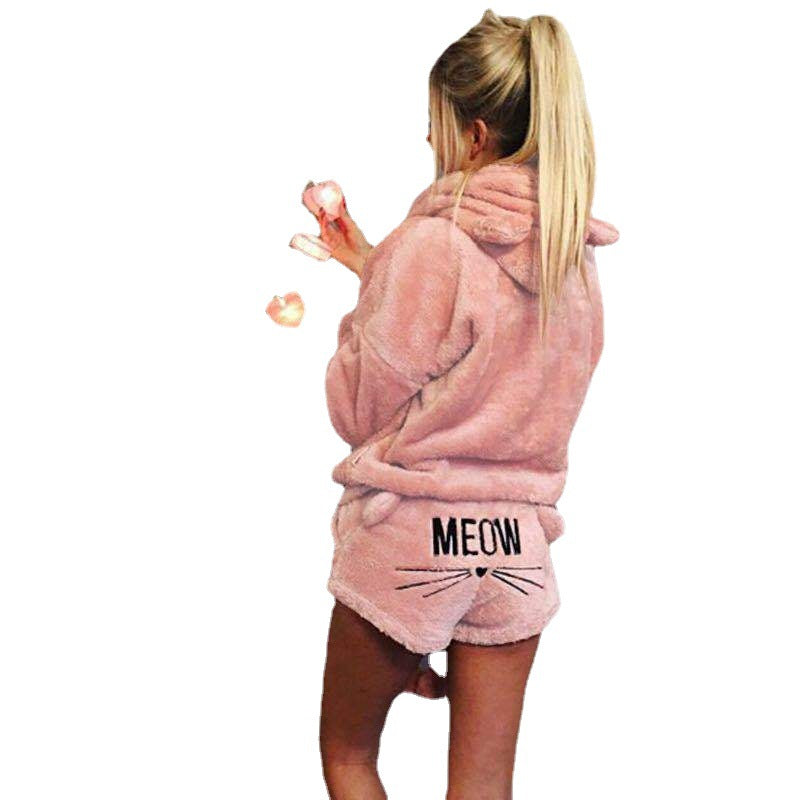 Damen nan kuscheliges zweiteiliges Lounge-Set mit Kapuzenpullover und Shorts mit MEOW-Stickerei