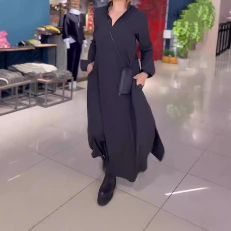Damen nan fließendes Maxikleid mit V-Ausschnitt, kastiger A-Linie und langen Ärmeln
