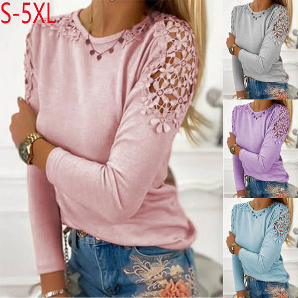 Damen nan langärmeliges Feinstrickshirt mit Häkelspitzen-Schultereinsätzen und Rundhalsausschnitt