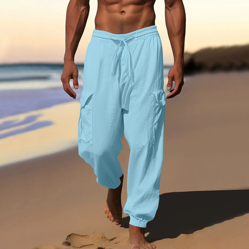 Herren nan luftige Leinen-Mix Strandhose mit Cargo-Taschen und elastischem Saum