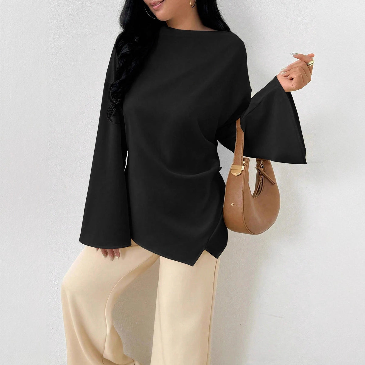Damen nan oversized Satin-Tunika mit U-Boot-Ausschnitt und weiten Trompetenärmeln