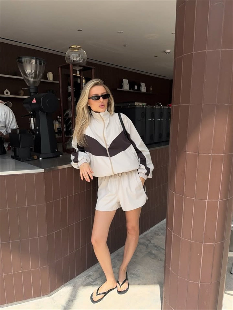 Damen nan lässiges Athleisure-Set mit windabweisender Kurzjacke, Stehkragen und elastischen Highwaist-Shorts