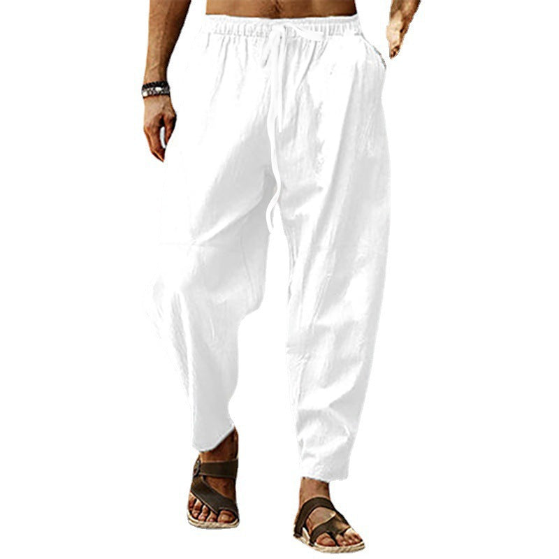 Herren nan entspannte Harem-Loungehose aus Leinenmix mit weitem Bein, elastischem Bund, Kordelzug und seitlichen Eingrifftaschen