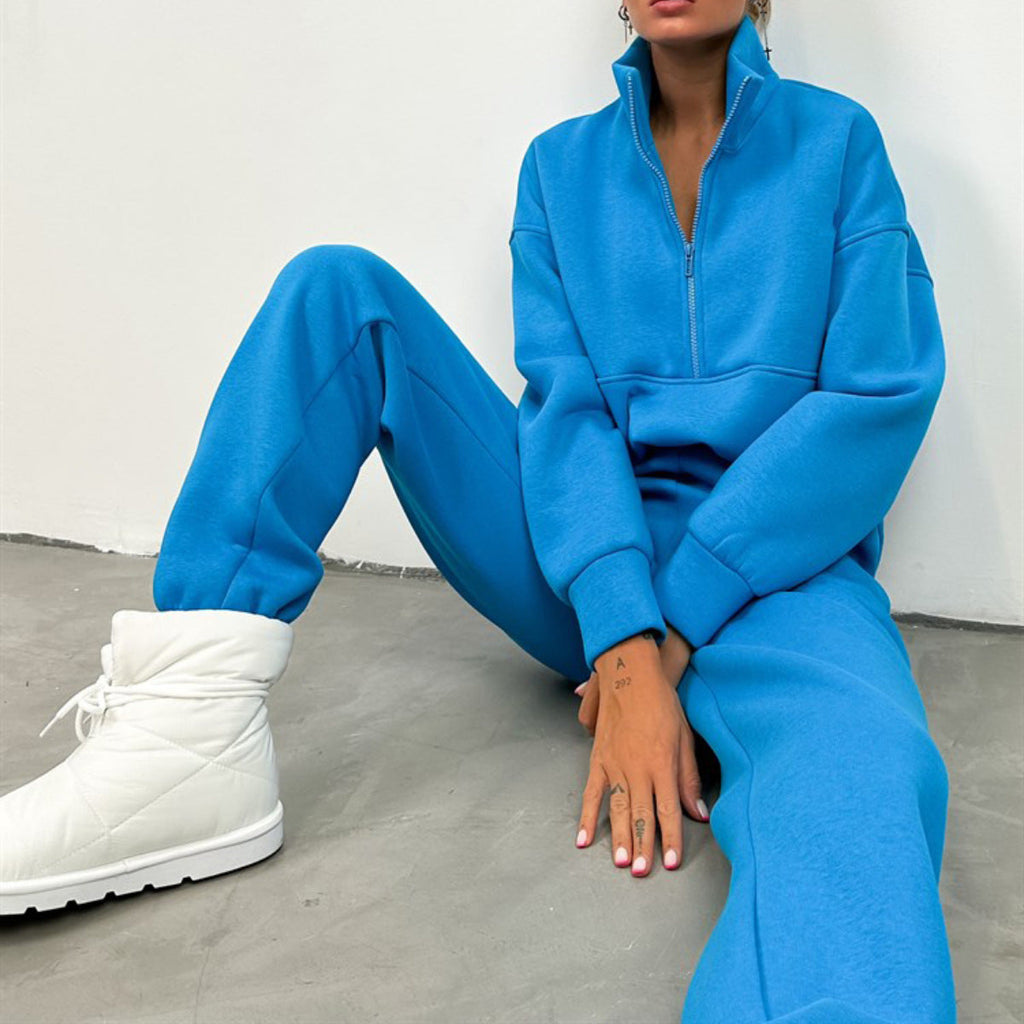 Damen nan cropped Half-Zip Fleece-Set zweiteilig mit hohem Bund und elastischen Bündchen