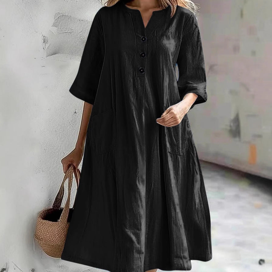 Damen nan locker fallendes A-Linien Kleid mit V-Ausschnitt-Knopfleiste, 3/4-Ärmeln und aufgesetzten Eingrifftaschen
