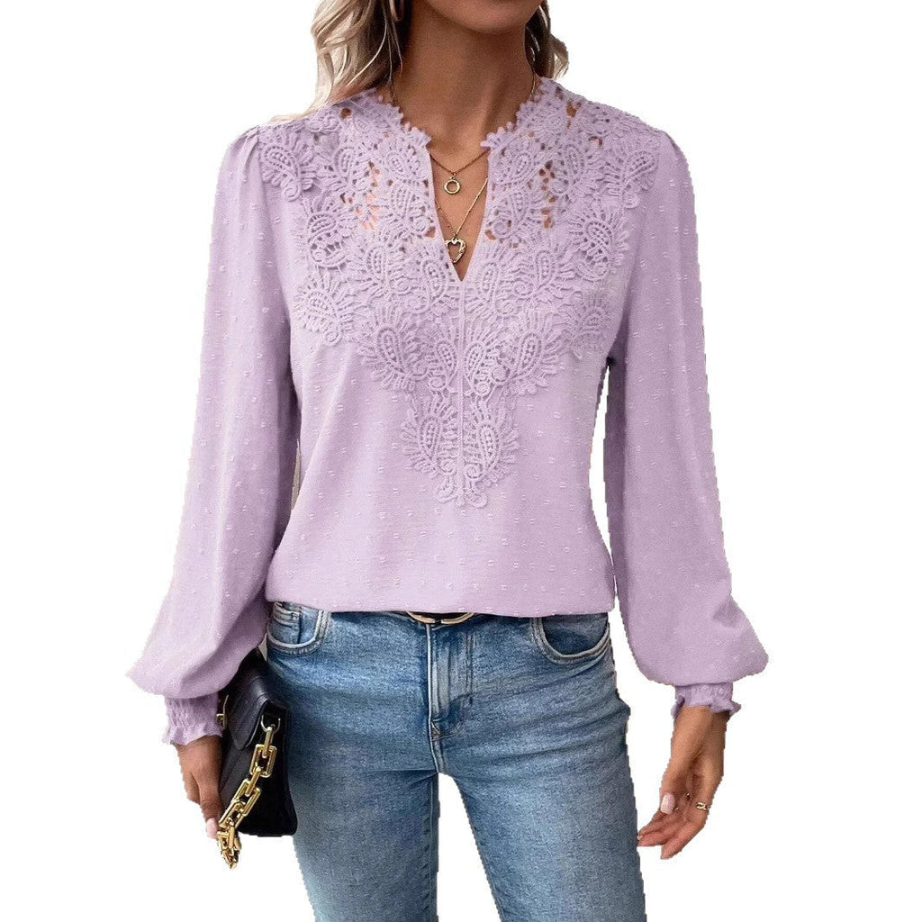 Damen nan Spitzenapplikation V-Ausschnitt Bluse mit Strukturpunkt, gerafften Manschetten und leicht taillierter Silhouette