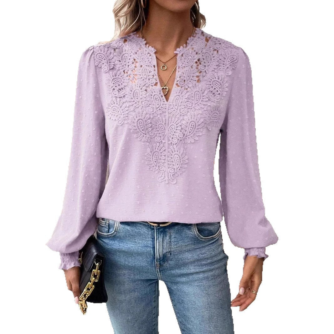 Damen nan Spitzenapplikation V-Ausschnitt Bluse mit Strukturpunkt, gerafften Manschetten und leicht taillierter Silhouette
