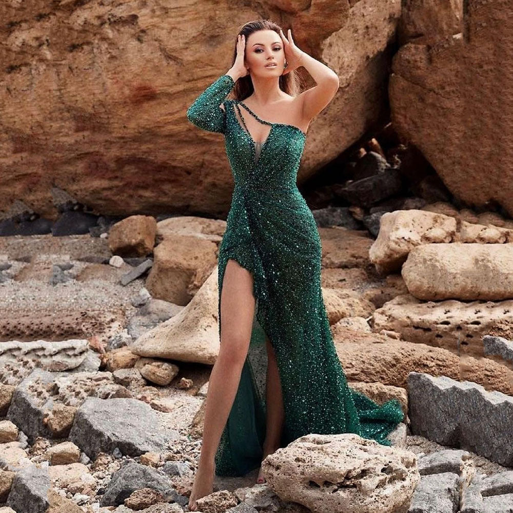 Damen Festliches Cocktailkleid mit glitzerndem Oberteil und asymmetrischem Design Selmira