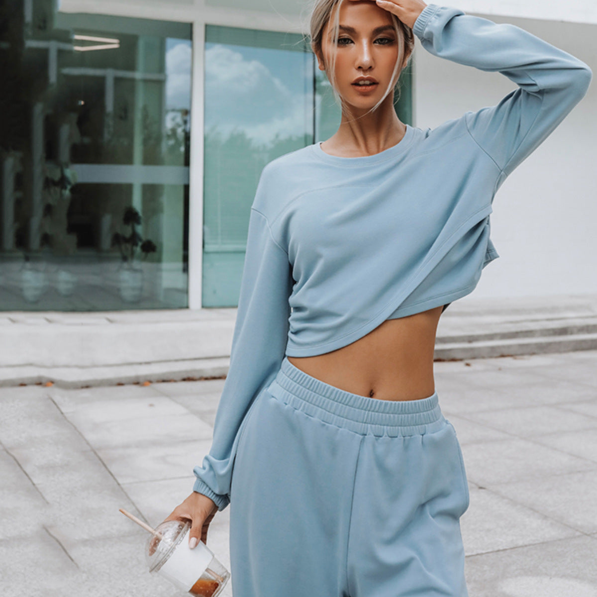 Damen nan weites Lounge-Hosen-Set mit hohem Komfortbund und kurzem Sweatshirt