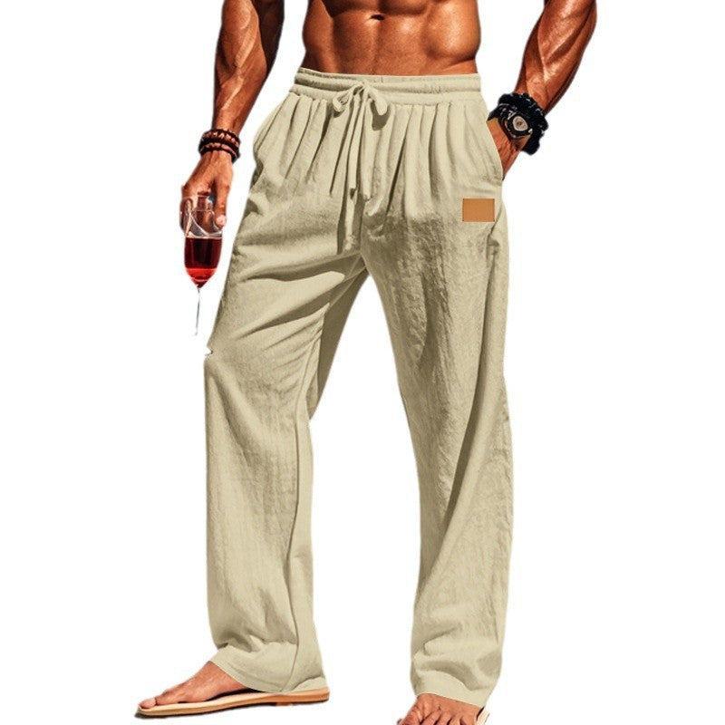 Herren nan lässige Leinen-Relaxhose mit weitem Bein, Tunnelzugbund und tiefen Eingrifftaschen