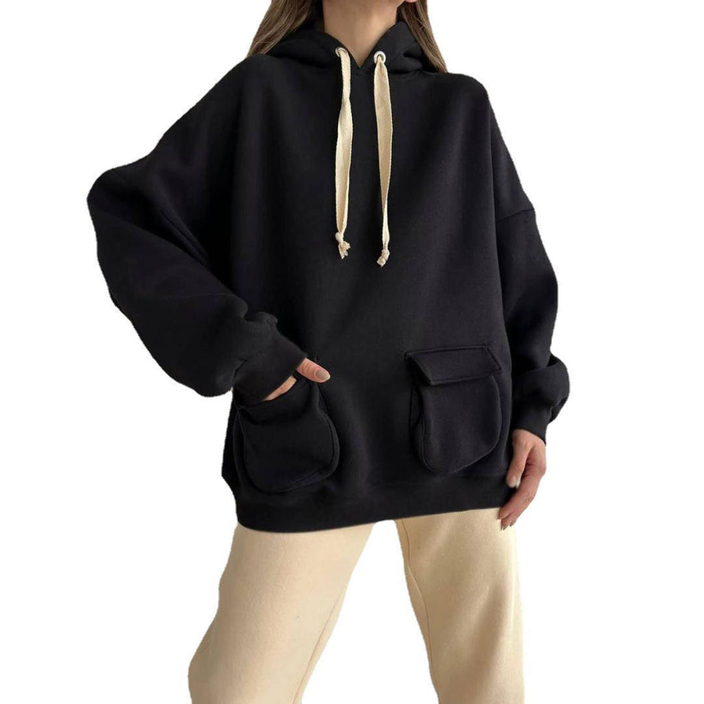 Damen nan Oversize-Kapuzenpullover mit aufgesetzten Klappentaschen und extra-langen Kordeln
