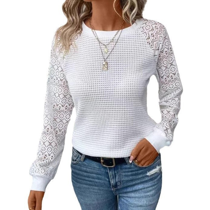 Damen nan Pullover mit Waffelstruktur, Raglanform und transparenter Spitzenärmel