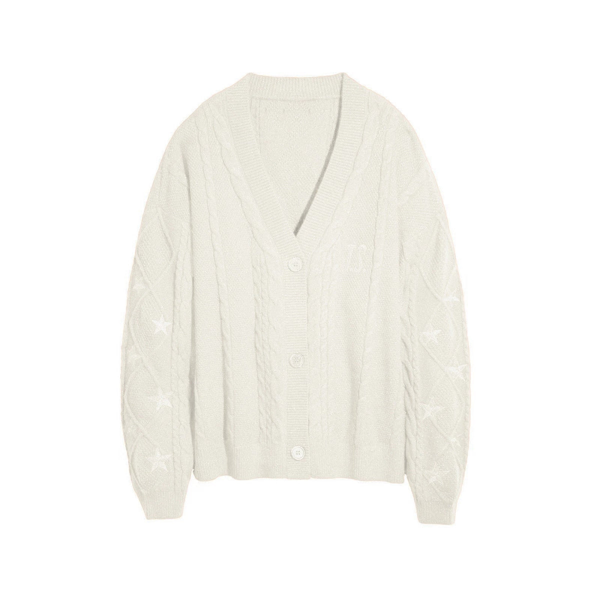 Damen nan großzügiger Grobstrick-Cardigan mit Zopfmuster, V-Ausschnitt und Sternstickereien
