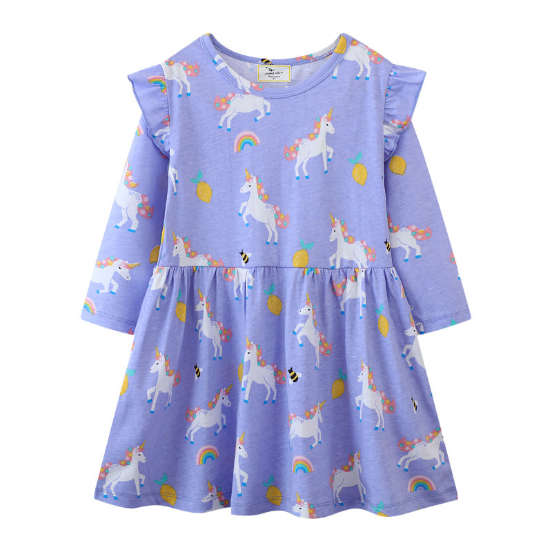 Mädchen Langarmkleid mit niedlichen Einhornmotiven