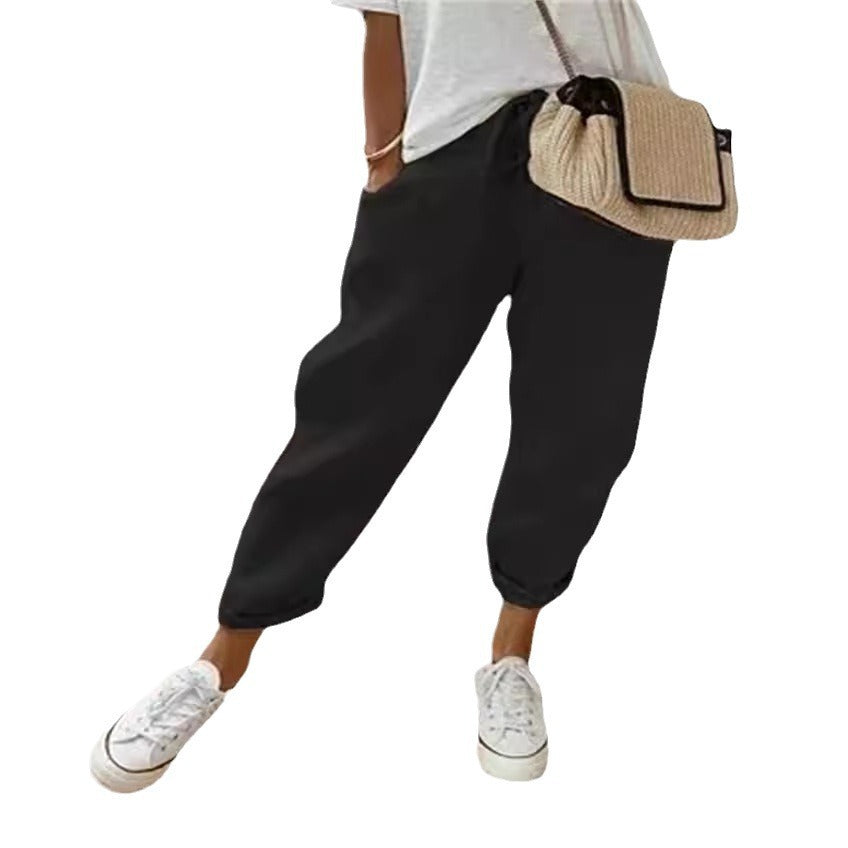 Damen nan legerer Leinen-Jogger mit Kordelzug, Eingrifftaschen und umgeschlagenem Saum