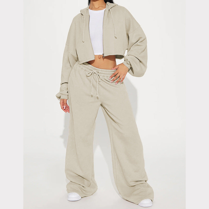 Damen nan Kapuzen-Crop-Top und weite Jogginghose Lounge-Set aus weichem Fleece