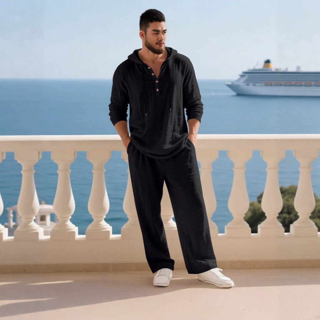 Herren nan lässiges Leinenzweiteiler-Set mit Kapuzenhemd im Henley-Stil und weiten Freizeit-Hosen