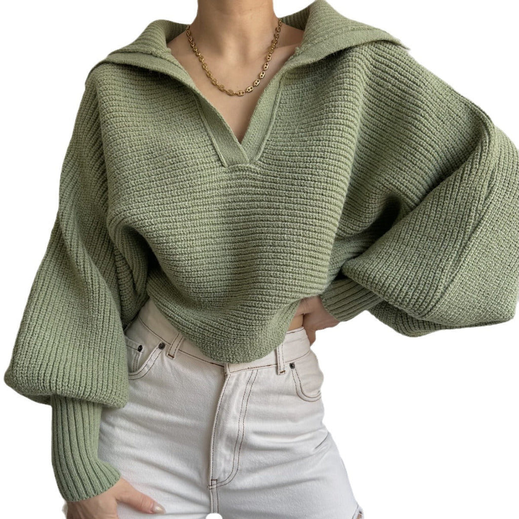 Damen nan Grobstrick-Pullover mit weitem Kragen und V-Ausschnitt