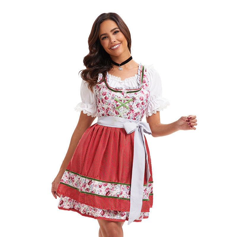 Damen nan kurzes traditionelles Dirndlkleid mit Spitzenbluse, Schnürung und dekorativer Schürze