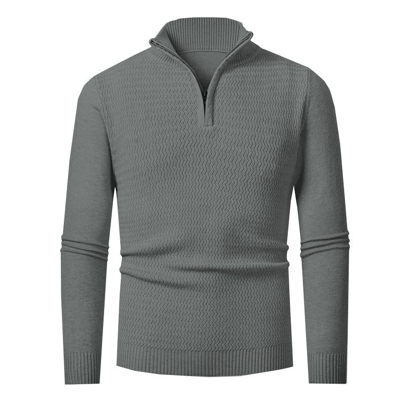 Herren nan Feinstrick-Halbzip-Pullover mit strukturierter Wellenoptik und Stehkragen