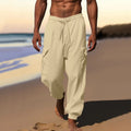 Herren nan luftige Leinen-Mix Strandhose mit Cargo-Taschen und elastischem Saum