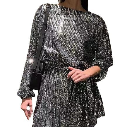 Damen Glamouröses Cocktailkleid mit funkelnden Lurex-Fäden und elastischem Taillengürtel Selmira