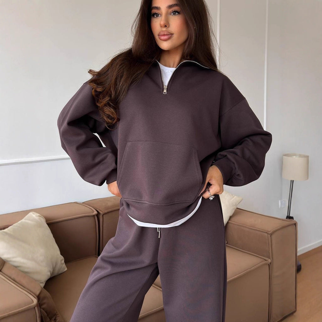 Damen nan weites Halfzip-Lounge-Set mit Kapuzenpullover, Kängurutasche und fließender Wide-Leg-Hose