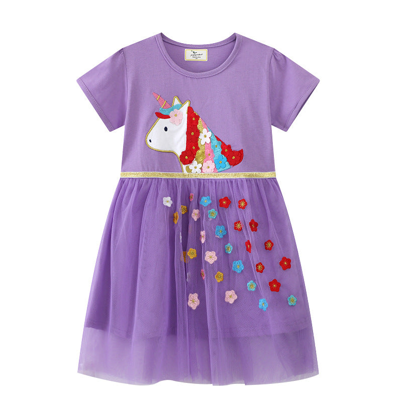 Mädchen Tüllkleid mit bunten Einhorn- und Blumenapplikationen