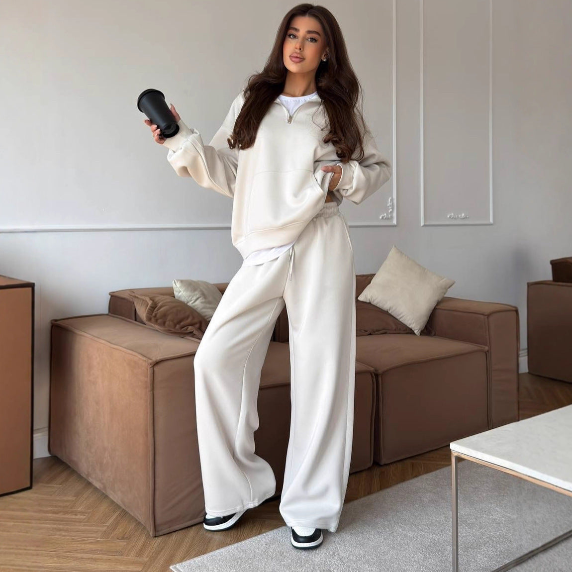 Damen nan weites Halfzip-Lounge-Set mit Kapuzenpullover, Kängurutasche und fließender Wide-Leg-Hose