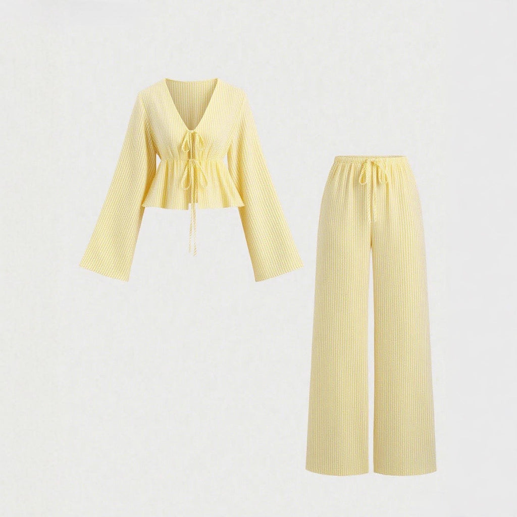 Damen nan gestreiftes Leinenähnliches Homewear-Set mit gerafftem Tunnelzugoberteil und elastischer Bundhose