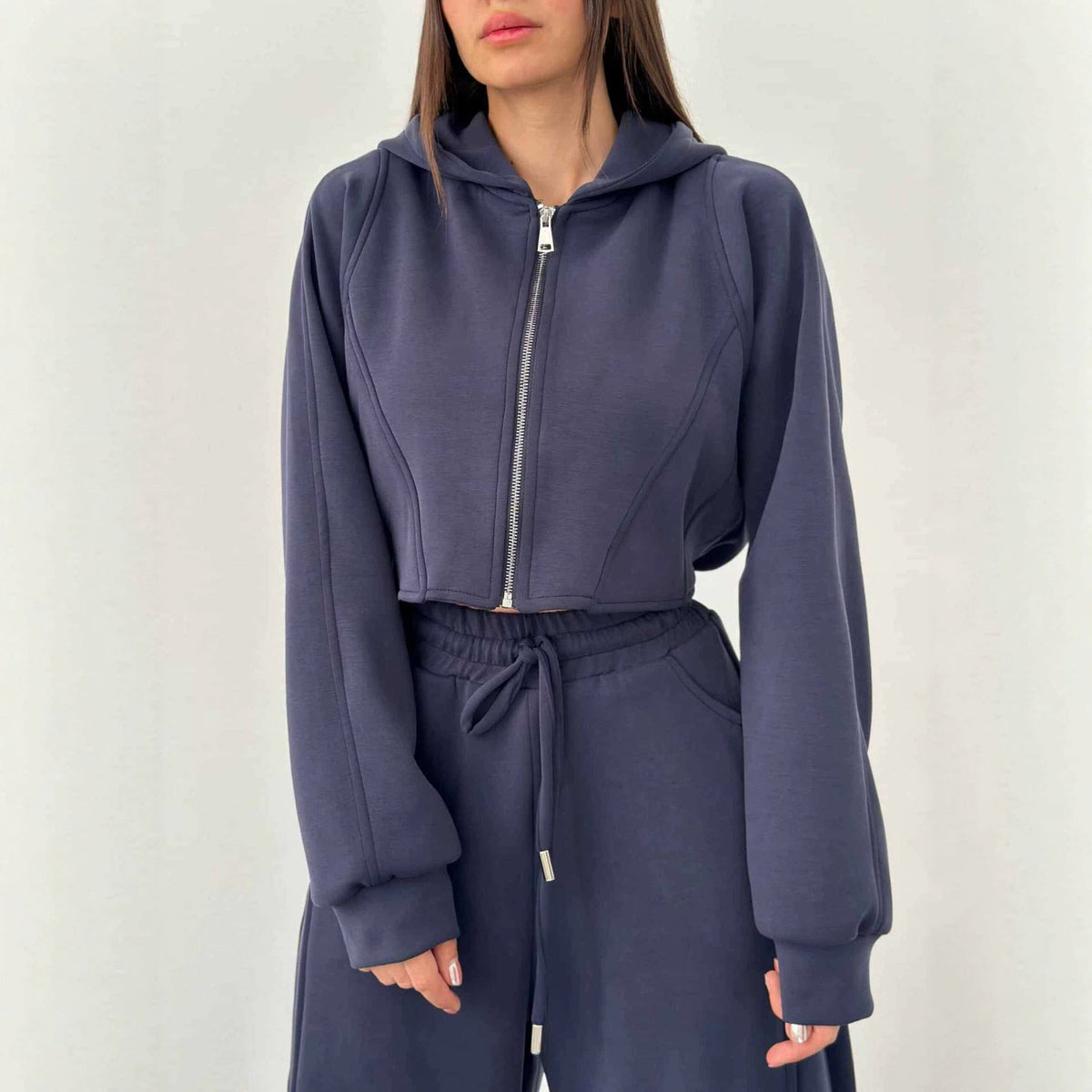 Damen nan weite Highwaist-Loungehose mit Tunnelzug, Eingrifftaschen und Ziernähten