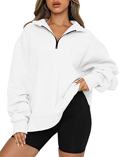 Damen nan oversized Sweatshirt mit halbem Reißverschluss, Stehkragen und überschnittener Schulter