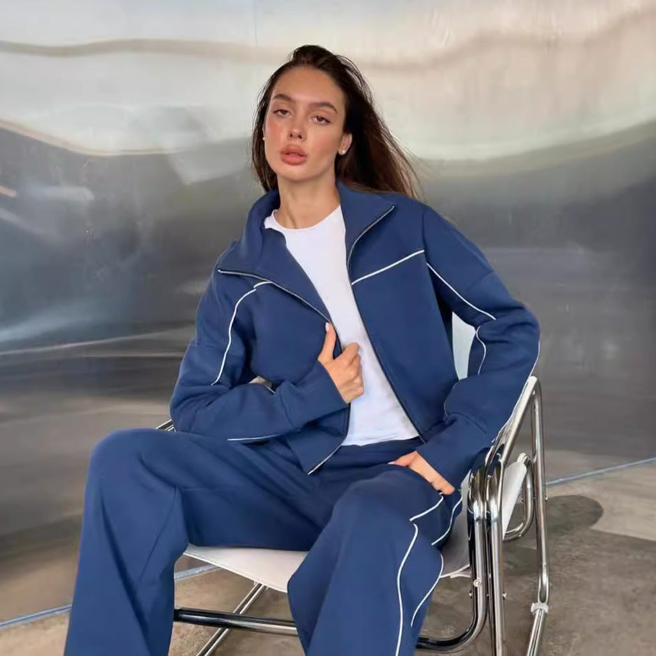 Damen nan zweiteiliges Sport-Loungewear-Set mit Stehkragen und Kontrastpaspel