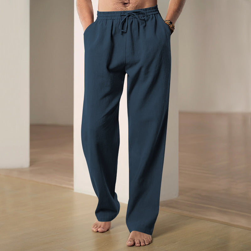 Herren nan lockere Leinen-Hose mit Elastikbund und Seitentaschen
