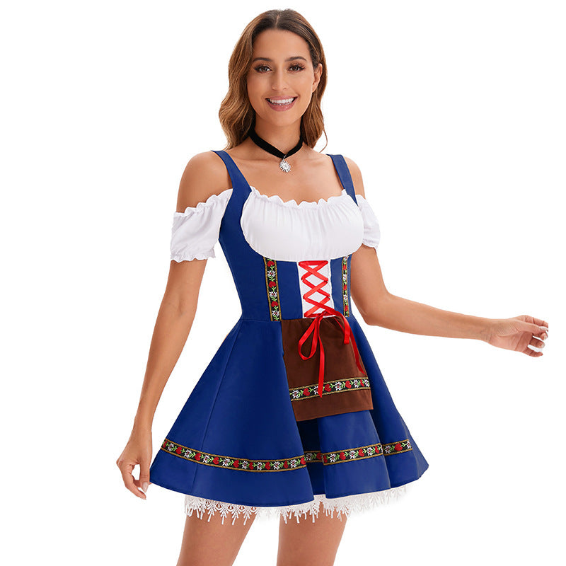 Damen nan kurzes Trachtenkleid im Dirndlstil mit Schnürung, schulterfreiem Carmen-Ausschnitt und Zierschürze