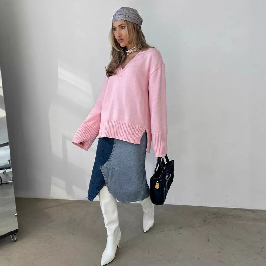 Damen nan oversized Feinstrickpullover mit tiefem V-Ausschnitt, gerippten Bündchen und lockerer Silhouette