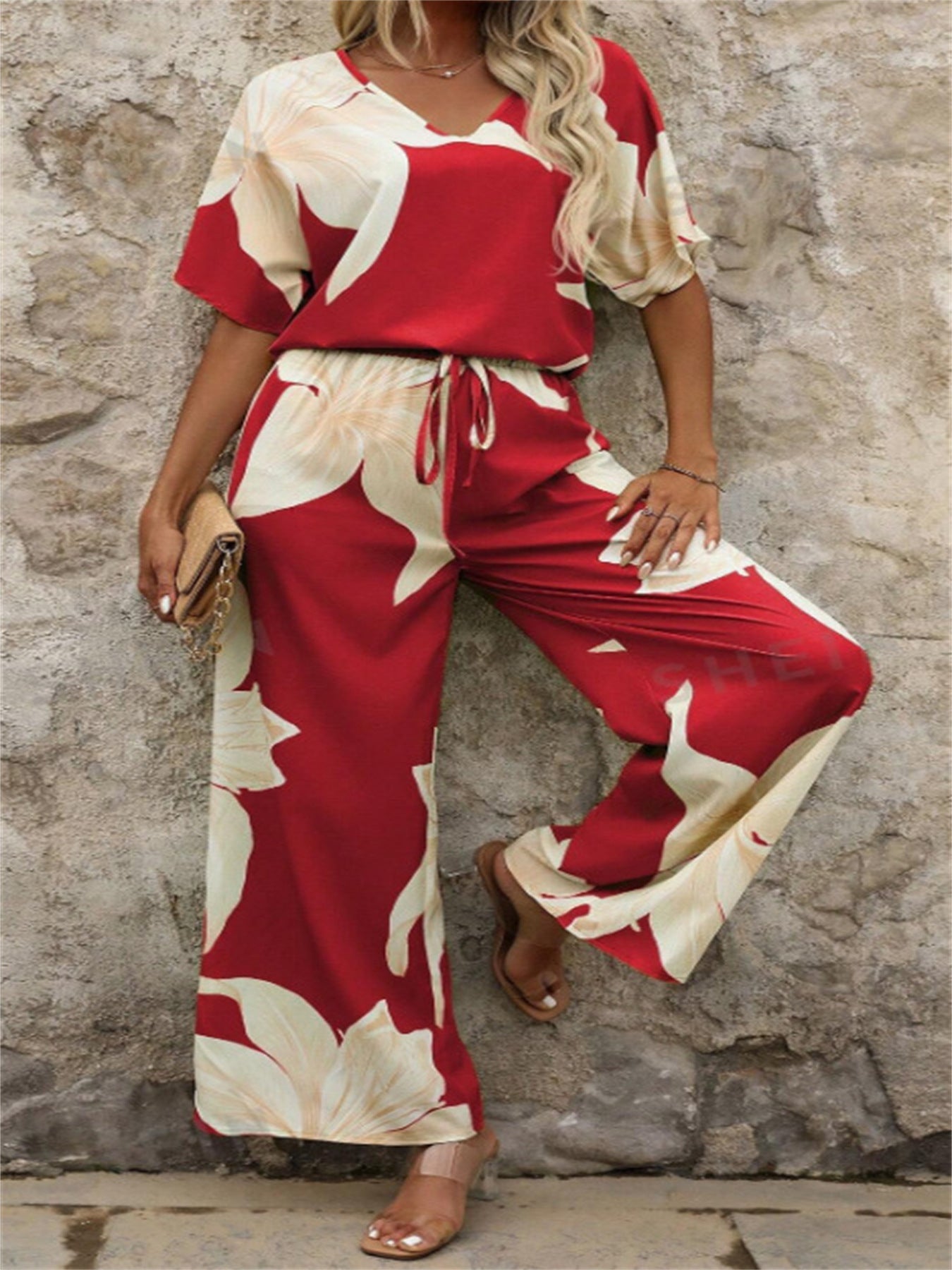 Damen luftiger Hosenanzug mit floralem Print und elastischem Bund Selmira