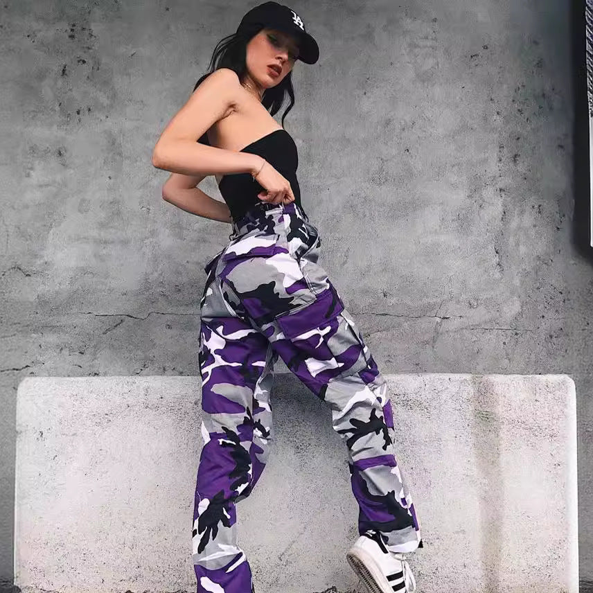 Damen nan Cargohose mit urbanem Camouflage-Print und elastischem Bund
