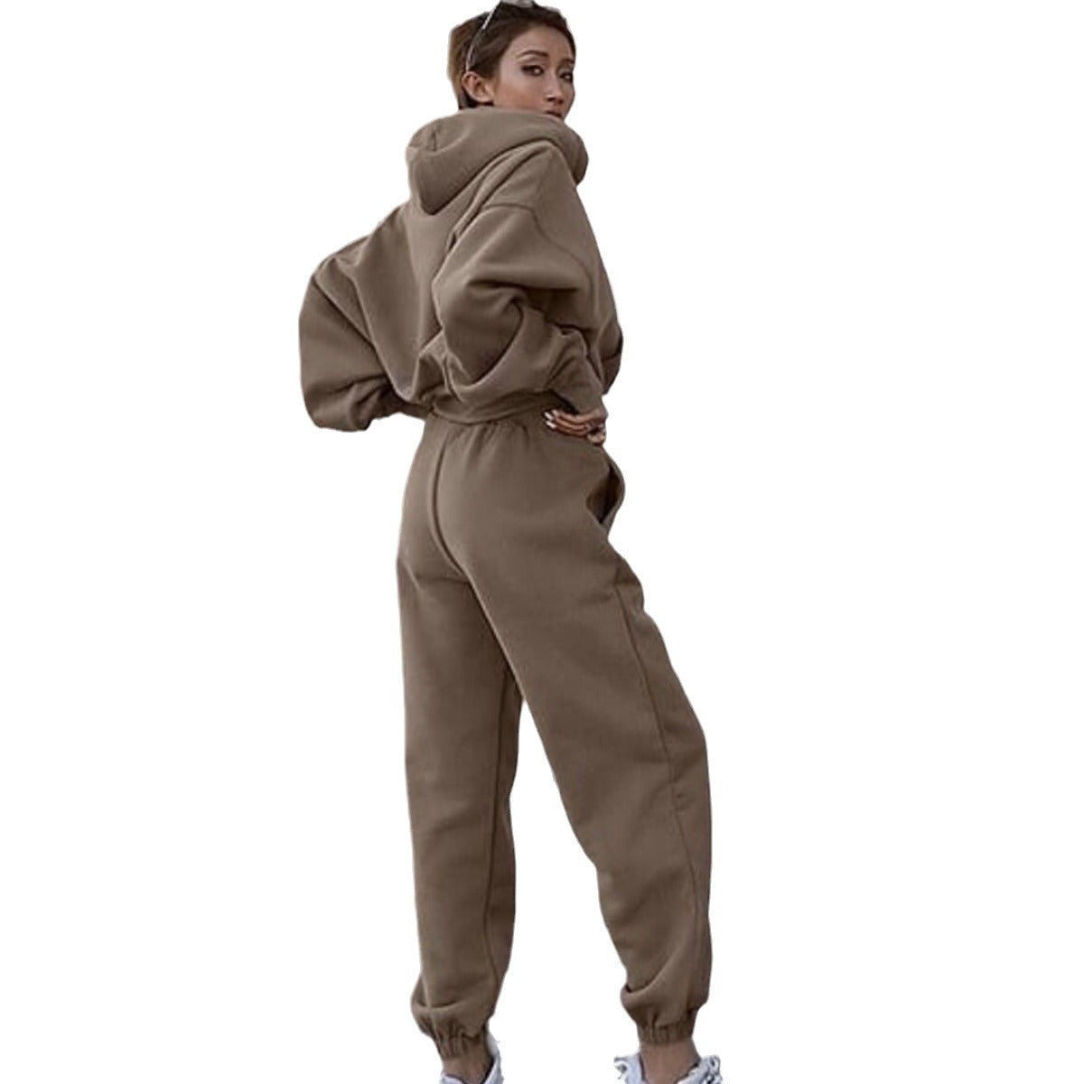 Damen nan kuscheliges kurzes Kapuzenpullover- und hochgeschnittene Jogginghose Set