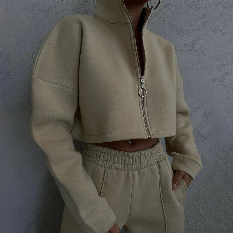 Damen nan kurzes Reißverschluss-Crop-Sweatshirt mit Stehkragen und hochtaillierter Jogginghose Set