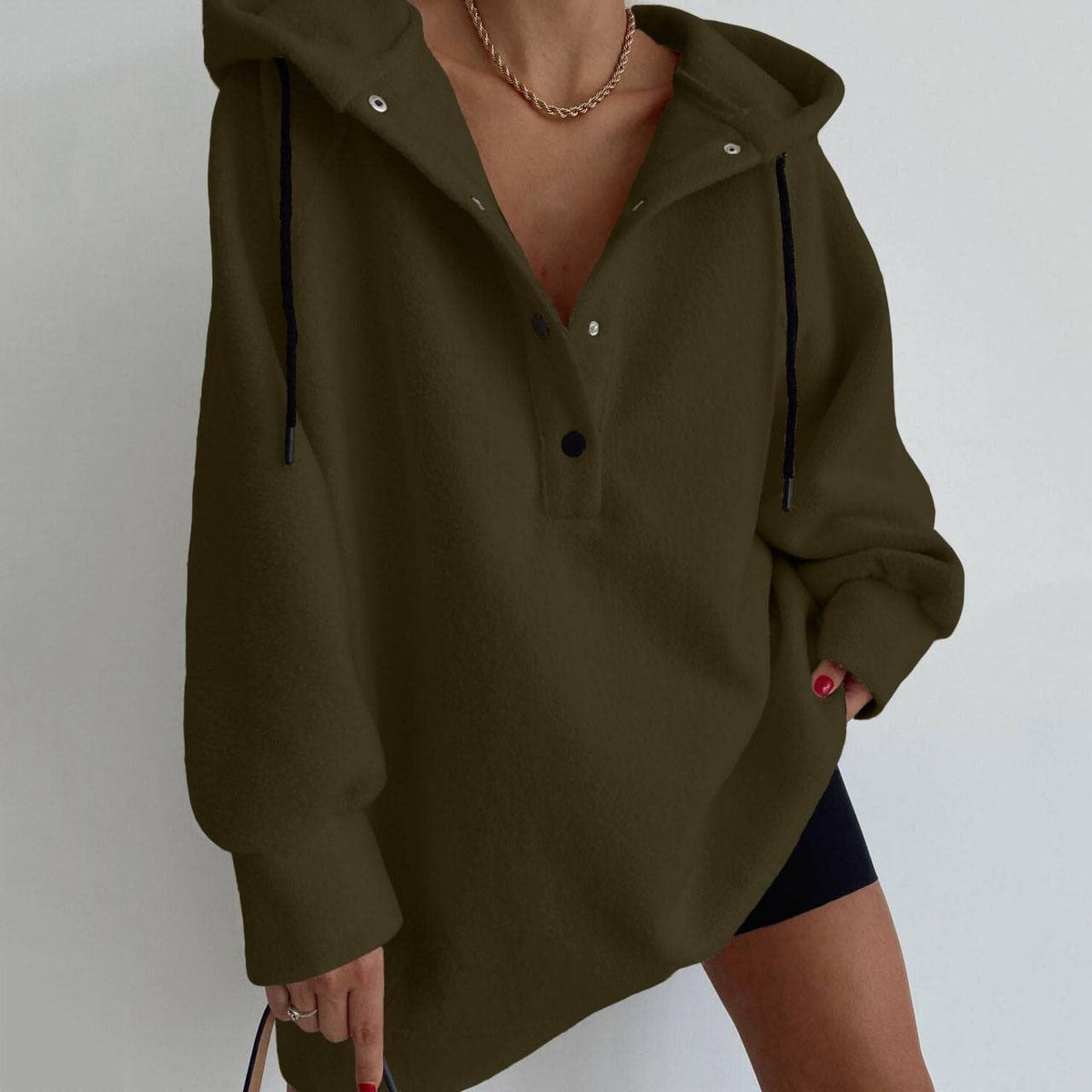 Damen nan kuscheliges Kapuzen-Fleece-Tunika-Sweatshirt mit Druckknopfleiste und überschnittener Schulter