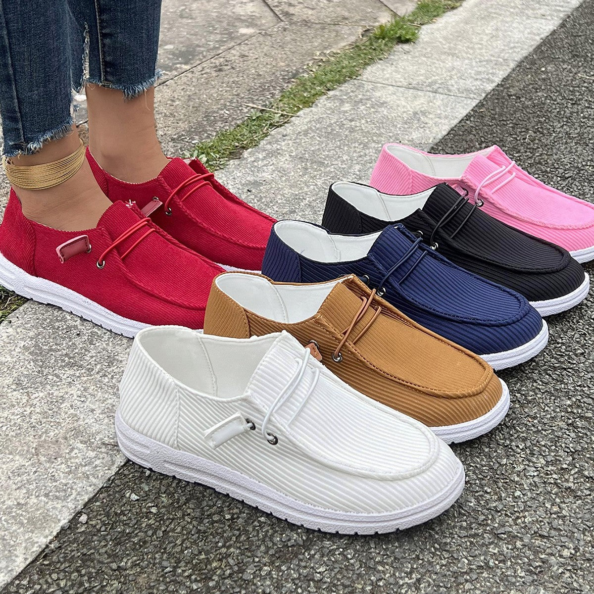 Damen nan lässige Slip-On Sneaker-Halbschuhe mit geripptem Textilobermaterial und elastischer Schnürung