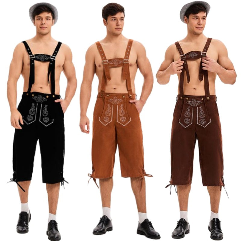 Herren nan knielange traditionelle Lederhose mit besticktem Brustlatz und verstellbaren Trägern