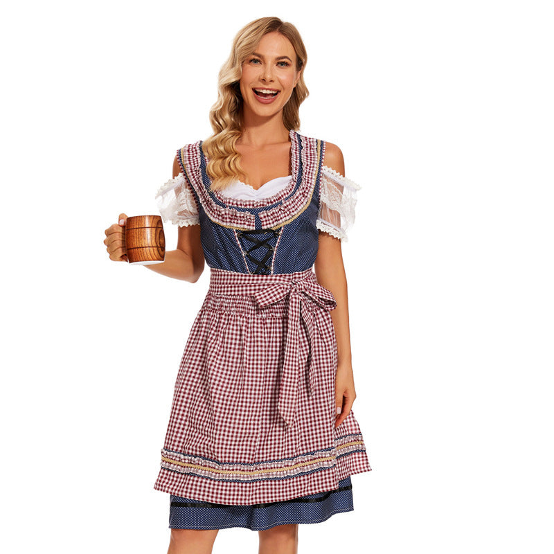 Damen nan traditionelles Dirndlkleid mit kariertem Schürzenrock, Schnürung und Spitzenärmeln