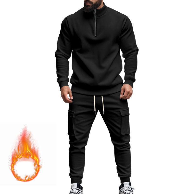 Herren nan Strick-Trainingsset mit halbem Reißverschluss, Zopfmuster-Pulli und Kordelzug-Jogger